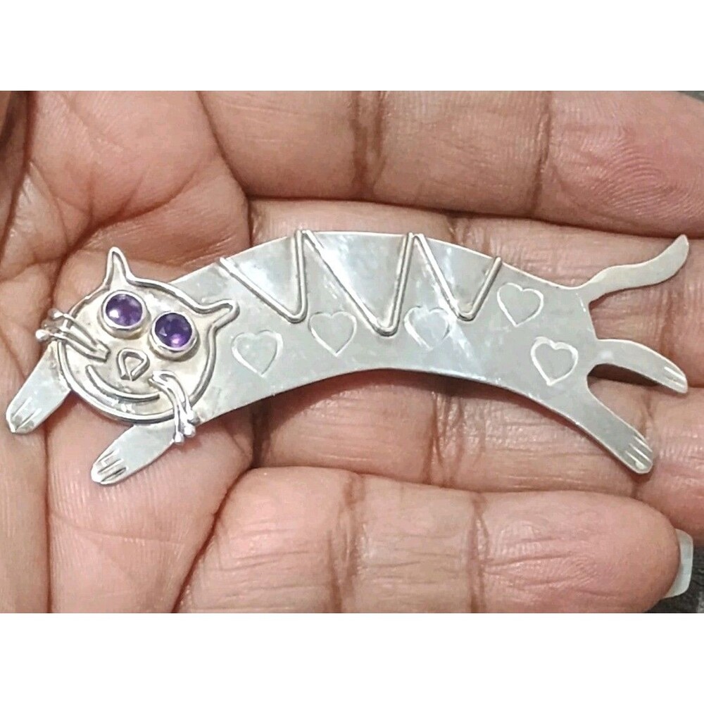 Cat Southwestern Purple Rhinestone Eyes Sterling Silver Vintage Brooch